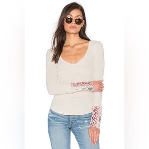 Free People V-Neck Art School Ivory Thermal Embroidered Sleeves Shirt Top Small